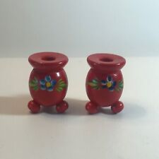 Pair Of Red Hand Painted Floral 3 Footed Wood Candle Holders Sweden picture