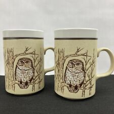 Set of 2 Vintage Mugs Owl Tree Branch 12 oz Speckled Embossed Japan picture