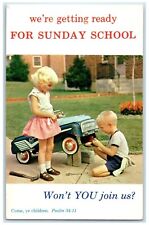 Cute Children We're Getting Ready For Sunday School Toy Metal Car Postcard picture