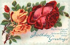 Vintage Postcard Birthday Greetings Red Orange Rose Flowers Wishes Card picture