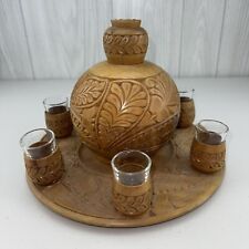 VINTAGE Hand Carved Wood Encased Glass Liquor Decanter Serving Tray 6 Glasses picture
