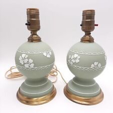 Pair Vintage Sage Green Jasperware style Set Lamps White Flowers Works picture