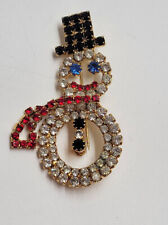 Vintage Multicolor Rhinestone Snowman Brooch with Dangling Rhinestone Scarf picture