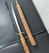 Vtg Handmade Sword Machete Thai Dha Decorative Carved Wood Handle & Scabbard  picture