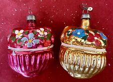 2 Vintage Christmas German Glass Flower Basket Ornaments Red & Gold picture