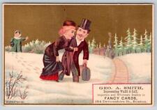 1881 GEO SMITH FANCY CARDS BOSTON TRAIN RAILROAD SNOW COUPLE FRENZEL TRADE CARD picture