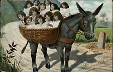 Multiple children fantasy ~ girls in wicker basket on mule ~ UDB 1904 postcard picture