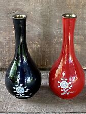 2-VINTAGE MOTHER OF PEARL INLAY Black & Red ENAMELED BRASS BUD VASE KOREA picture