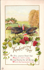 c1910s Thanksgiving Day 3 Turkey Birds In Farm Field Unused Postcard 462b picture