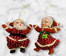 Vintage Christmas Flock Putz Sequin Santa Mrs. Claus Figurines Ornaments 2 PC picture
