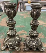 2 Matching Vintage Short Italian Design Brass Looking Candlestick Holders 6” picture