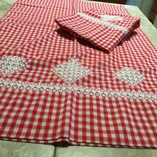 VINTAGE PAIR  RED AND WHITE GINGHAM PILLOWCASES With CHICKEN SCRATCH EMBROIDERY picture