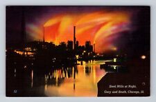 Chicago IL-Illinois, Gary and South Chicago Steel Mills Night Vintage Postcard picture