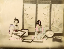 Japan, Girls Gathering Silk Cocoons Costume Vintage Albumen Print.  Alb Print picture