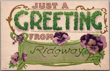 RIDGWAY, Pennsylvania Embossed Greetings Postcard Purple Pansy Flowers / c1910s picture