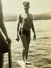 XH Photograph Handsome Man Standing On Wood Plank Bathing Suit Lake Cute picture