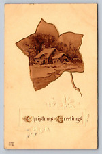 Postcard Christmas Greetings Sepia Leaf Vignette Snowy Scene E105 picture