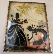 VTG Reverse Painted Convex Bubble Glass Silhouette Picture Picking Flowers picture