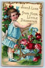Germany Postcard Pretty Cute Girl Curly Hair With Roses Flowers Embossed c1910's picture