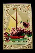 Air Brushed Sailboat Filled with Violets Flowers Loving Greetings Postcard picture