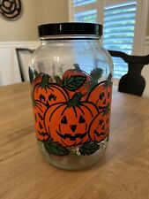 Vintage Halloween Jack O'Lantern Pumpkin Patch Glass Jar W/Lid. 10”Hx6”W/D-Decor picture