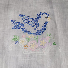 VTG Hand Embroidered Dresser Scarf~Table Runner~Blue Birds Crochet Edge 13 x 30 picture