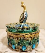 Peacock Trinket Box Painted Bejeweled Lidded Figurine Top Multi Color Beaded picture