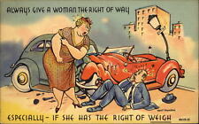 Car accident Give Women Right of Way if She Has Right of Weigh ~ pun comic 1940s picture