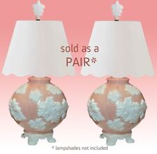 Rare PAIR of ALADDIN ALACITE LAMPS Coral Pink w/Ecru Leaves & Glass Finials picture