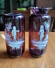 Vintage Bohemian Mary Gregory Style Cranberry Glass Vases picture