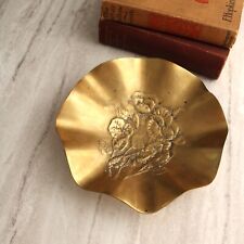 Vintage Brass Dish, Floral Etching, Scallop, Beautiful Decorative Dish. picture