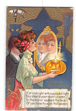 Halloween Embossed Gold Enhanced Postcard 1909 Woman Holding JOL Witch Cat picture