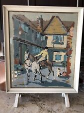 Vintage 1920s-40s Painted Wood Firescreen w Horses & Jockey & Mansion picture