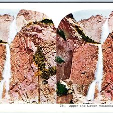 c1900s Yosemite Falls, California Upper & Lower Waterfall Stereo Card CA Cal V19 picture
