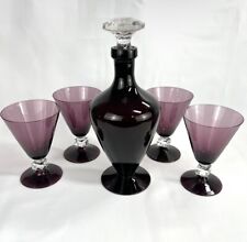 Vintage Cambridge Art Deco MCM Amethyst Glass Decanter 4 Bryce Wine Glasses Bar picture