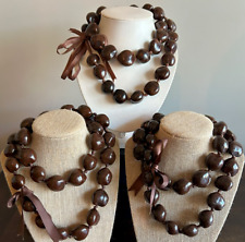 Lot of 3 Hawaiian Kukui Nut Bead Necklaces, All Dark Brown, 34