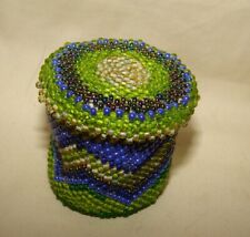 Vtg Athabascan Beadwork Glass Leather Miniature Pot Lid Green Blue 1.5