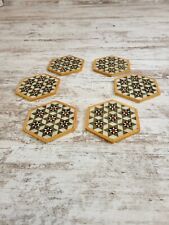 6 Vintage Hexagon Marquetry lacquered Mosaic Wood Inlay Coasters with Case picture