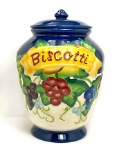 Vintage NONNI's Biscotti Jar Cobalt Blue Hand Painted Italy Tuscan Fruit 9