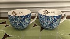 Lilly Pulitzer Ceramic Mugs Set of 2 Lion Around Blue Floral Gold Handle 12 oz. picture