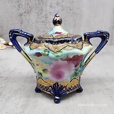 Nippon IECo Hand-Painted Sugar Bowl: Cobalt Blue & Gold ~ Pink Rose Motif picture