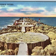 c1940s Venice, FL Famous Jetties Rock Pier Fishing Fishermen Atlantic PC A250 picture