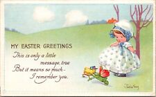 Easter Postcard Little Girl Watching Chick Pushing Wheelbarrow Holding Tulip picture