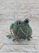 Grassroots Beadwork Green Wire Frog Figurine Sculpture Glass Beads Art Handmade picture