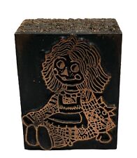 Antique Vtg Copper Wood Base Printing Press Ink Stamp Block Raggedy Ann Doll Toy picture