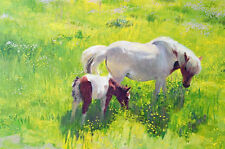 Large Oil painting Mother and baby Horse with Foal in spring landscape & flowers picture