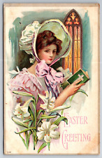 Vintage Postcard Easter Pretty Woman Large Bonnet Hat Lily Church picture