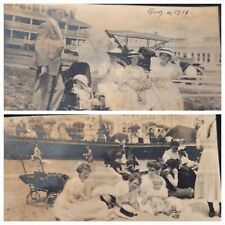 Two Antique Photos: Victorian Era People At Beach 1913 Boardwalk Umbrellas Fancy picture