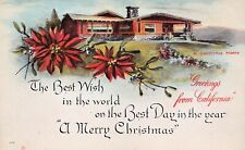 Antique Christmas Card cozy California home cabin poinsettia Vtg Postcard A57 picture