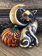 JJ Jonette  Vintage Halloween  Cat Pumpkin Moon Pin Brooch Signed Estate Rare picture